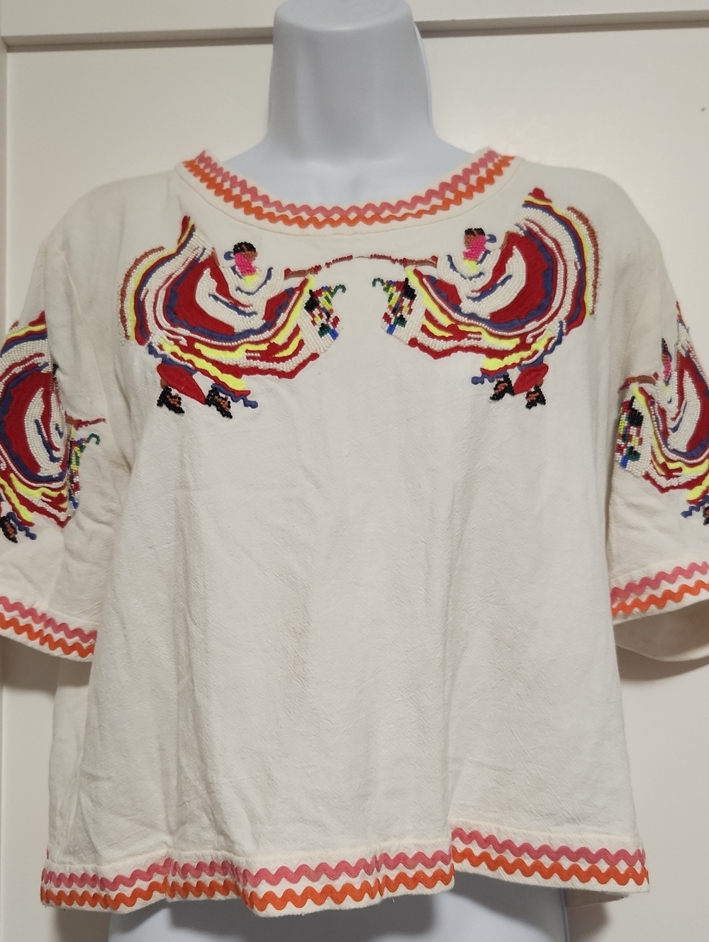 & Other Stories Cream Embroidered Crop Top with Pink and Orange Trim